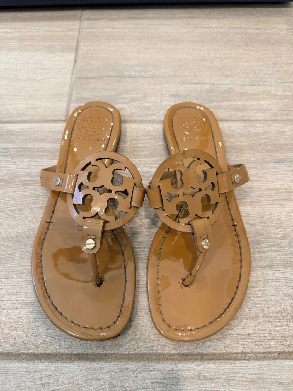 Tory Burch Tan Patent Leather Logo Thong Sandals